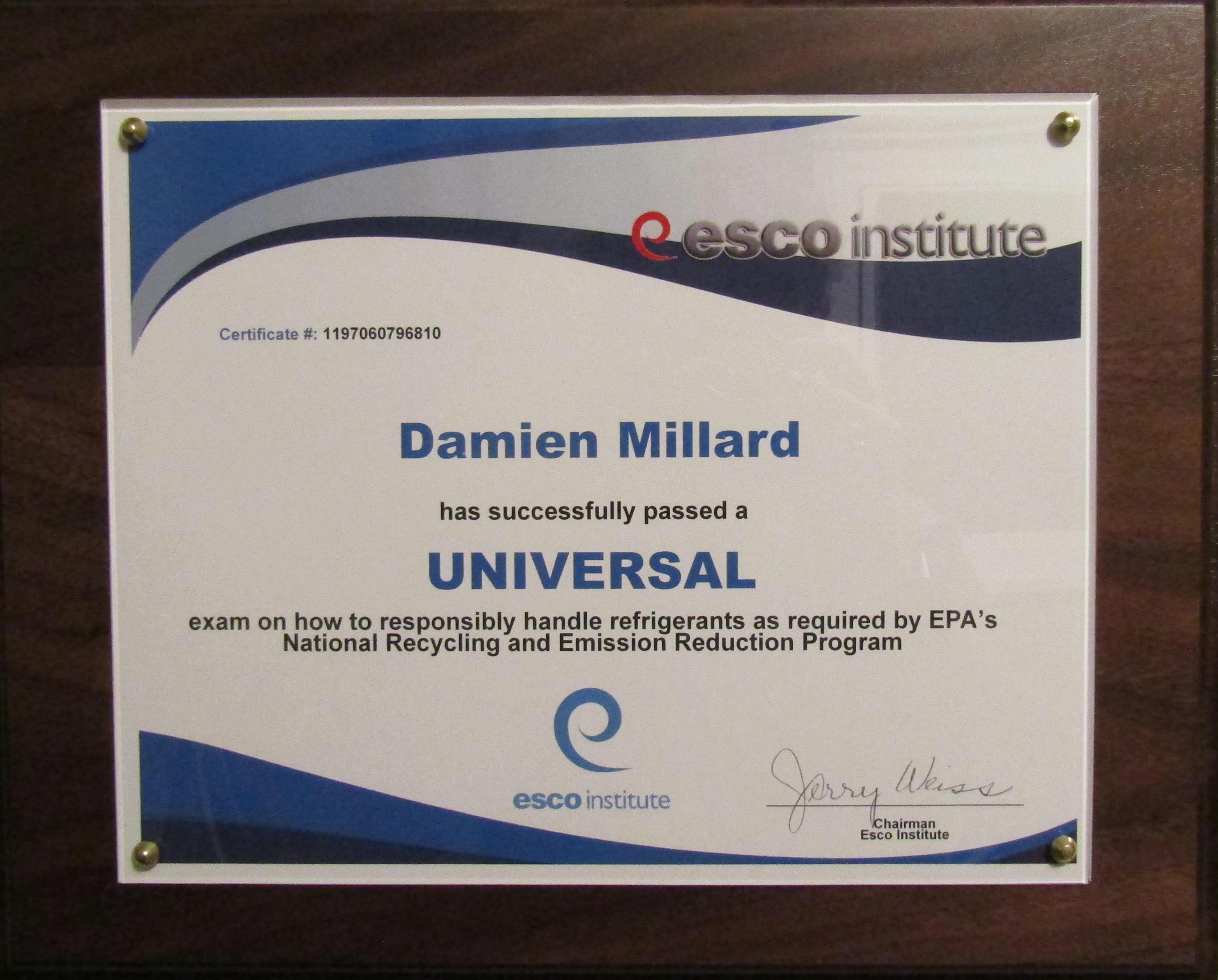 My EPA-608 Universal Certificate.